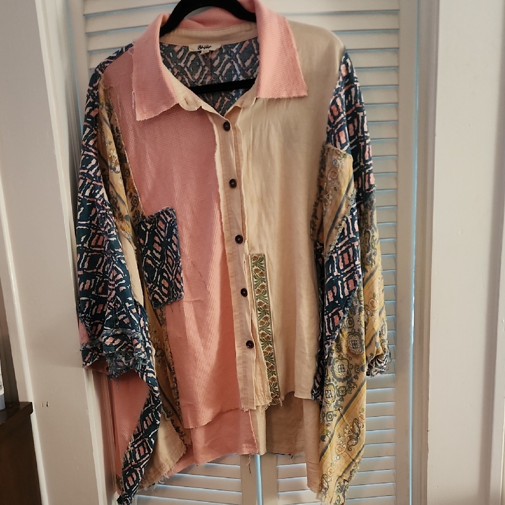 Blue Velvet Patchwork Casual Shirt - Pink, Cream, Blue